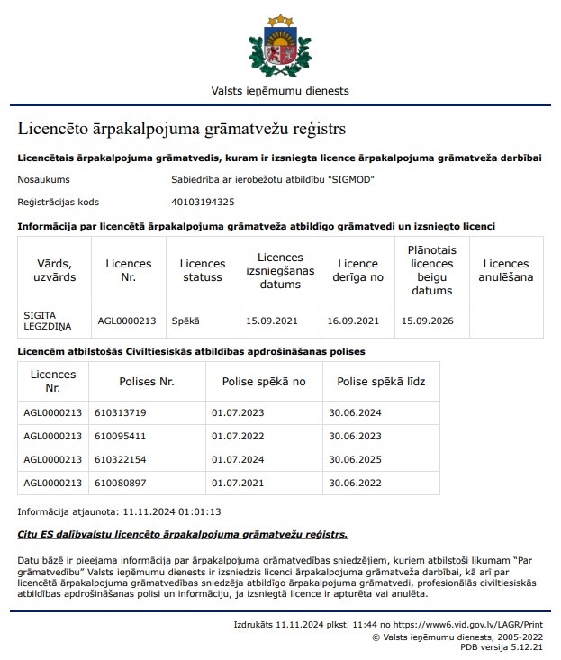 Licence ārpakalpojuma grāmatveža darbībai SIA SIGMOD